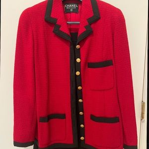 CHANEL Red Wool Skirt Suit Set With Belt